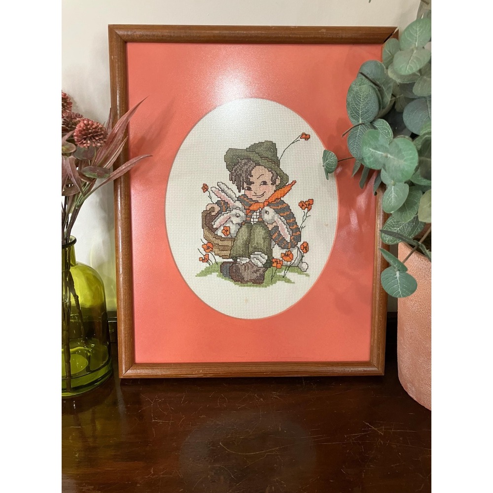Vintage Cross stitch  Art Boy With Rabbits Cottagecore Framed Embroidery